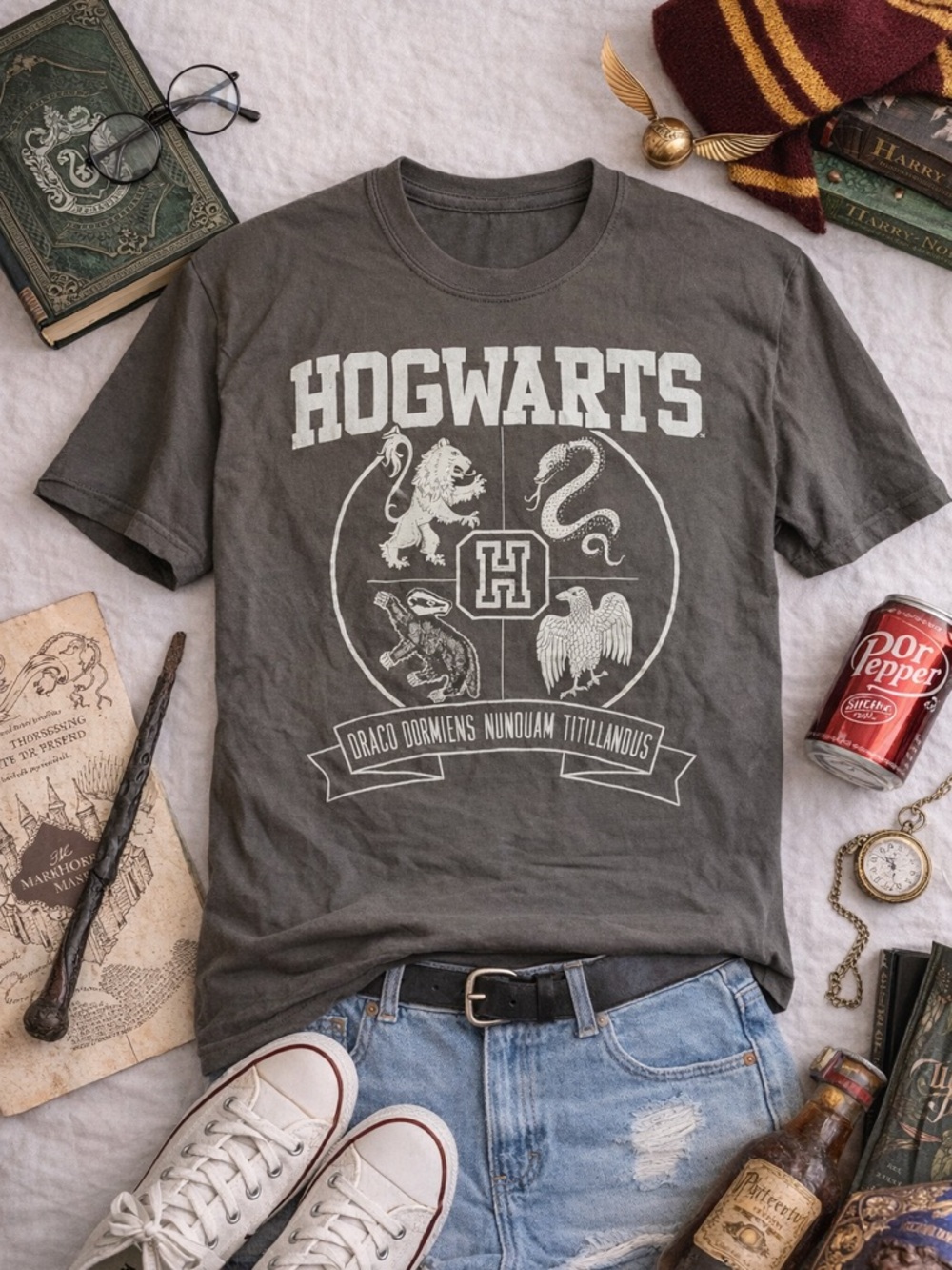 Hogwarts Crest Graphic T-Shirt Wizarding World Harry Potter XL Grey Tee